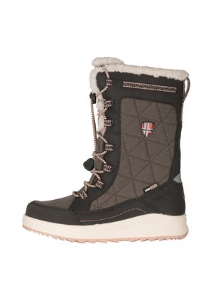 Dark gray and black winter boot with pink laces, quilted fabric, white fur lining, and rubber sole designed for cold weather.