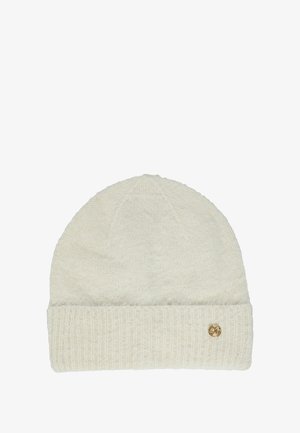 Traka za pletenu kapa u off-white boji, sa teksturiranim vrhom i rebrastim rubom. Istaknuti zlatni logo s strane. Mekan, topao materijal.