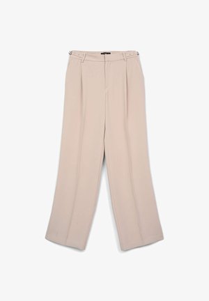 Beige wide-leg trousers with a smooth texture and front pleats. Features silver hardware accents on the waistband.