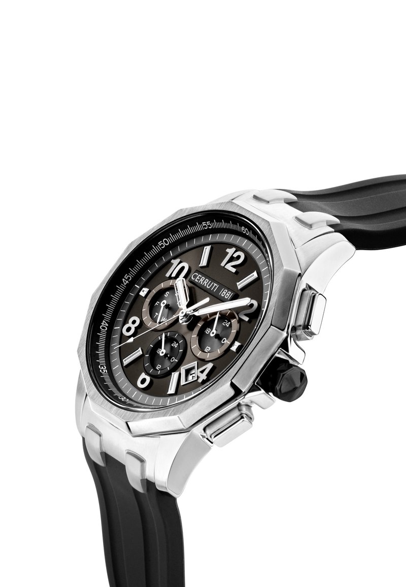 Zegarek chronograf Cerruti 1881 z kopertą ze stali nierdzewnej, czarnym paskiem z gumy i ciemnym cyferblatem z srebrnymi cyframi oraz trzema sub-cyfrowymi.