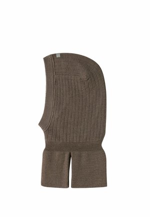 Cagoule tricotée marron avec texture côtelée et ouverture fendue en bas pour le cou.