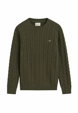 Olivgrüner Strickpullover mit Rundhalsausschnitt, gerippten Bündchen und Saum. Enthält ein kleines Logo auf der Brust.