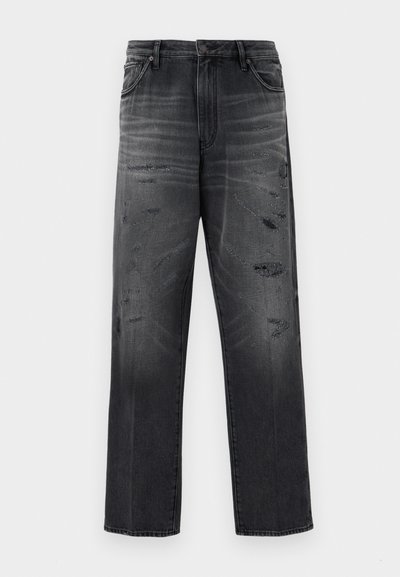Svarta denimjeans med avslappnad passform, med en blekt design och slitna lappar. Standard femficksstil och knappstängning.