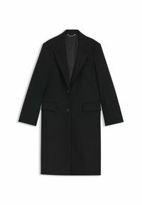 Sort lang frakk lavet af glat stof med en skræddersyet pasform, notch-lapel, to forlommer og en enkelt knaplukning.