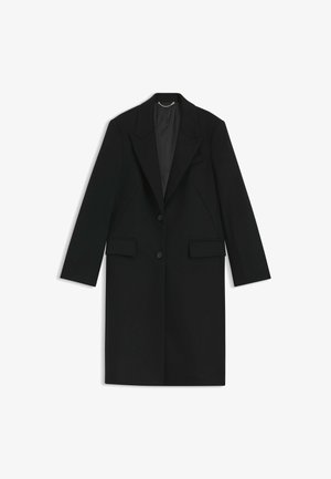 Schwarzer langer Mantel aus glattem Stoff mit taillierter Passform, mit Revers, zwei vorderen Taschen und einem einzigen Knopfverschluss.