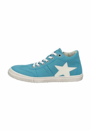 Blue high-top sneaker with white laces, white sole, and a large white star on the side, shown from the outer side.