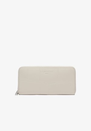 Beige Rundum-Reißverschluss-Geldbörse mit geprägt "Liebeskind Berlin"-Logo, glatter Textur und silbernem Reißverschlusszug auf der linken Seite.