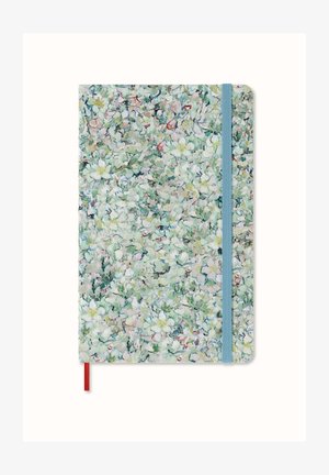 Floral-patterned notebook with a textured cover in pastel greens, accented with a blue elastic band and a red ribbon bookmark.