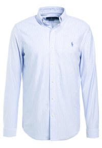 Jasnoniebieska koszula w paski z długim rękawem i kołnierzykiem zapinanym na guziki. Wykonana z bawełny; posiada małe logo na piersi oraz zapięcie na guziki z przodu.