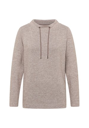 Lichtbruin pullover hoodie met een gestructureerde afwerking, lange mouwen en een capuchon met trekkoord en metallic uiteinden. Eenvoudig, recht gesneden ontwerp.