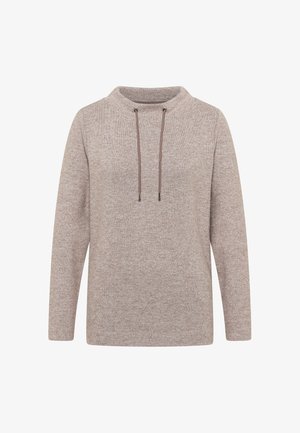 Sudadera con capucha de color marrón claro con un acabado texturizado, mangas largas y capucha con cordones y puntas metálicas. Diseño sencillo y de corte recto.
