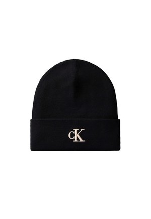 Zwarte gebreide muts met omgeslagen boord met wit geborduurd "cK" logo aan de voorkant in het midden.