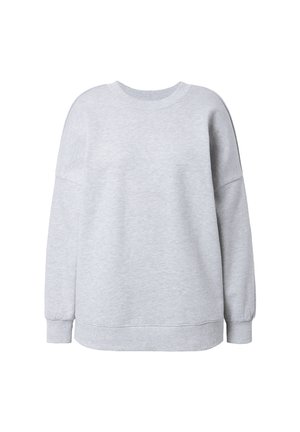 Vaaleanharmaa pitkähihainen crewneck-huppari, jossa on ribbireunat hihansuissa ja helmassa, esillä valkoista taustaa vasten.