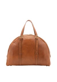 Borsa da viaggio in pelle di colore marrone chiaro, forma arrotondata, con doppi manici superiori, rifiniture in oro e dettagli cuciti. Superficie testurizzata.