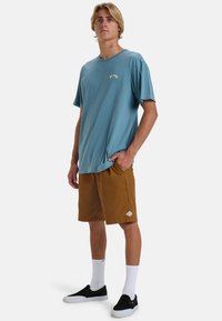 Lyseblå bomulds T-shirt med afslappet pasform, brune shorts med logo-patch, sorte slip-on sko og hvide ankelstrømper.