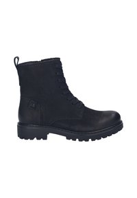 Bottines noires en cuir lisse avec un laçage à l'avant, bout rond et semelle en caoutchouc robuste. Caractéristiques : une languette à l'arrière.
