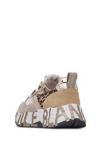 Beige and leopard print sneaker with textured suede, smooth leather, and a chunky white sole featuring printed accents.