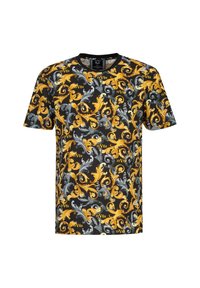 Kurzarm-T-Shirt mit schwarzem Hintergrund und komplexen gelben und grauen Blumenmustern; enthält den Text "1969" und hat ein Rundhalsausschnittdesign.