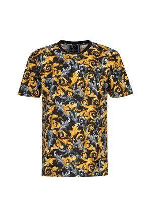 T-shirt met korte mouwen met een zwarte achtergrond en ingewikkelde gele en grijze bloemenpatronen; voorzien van de tekst "1969", ronde halsontwerp.