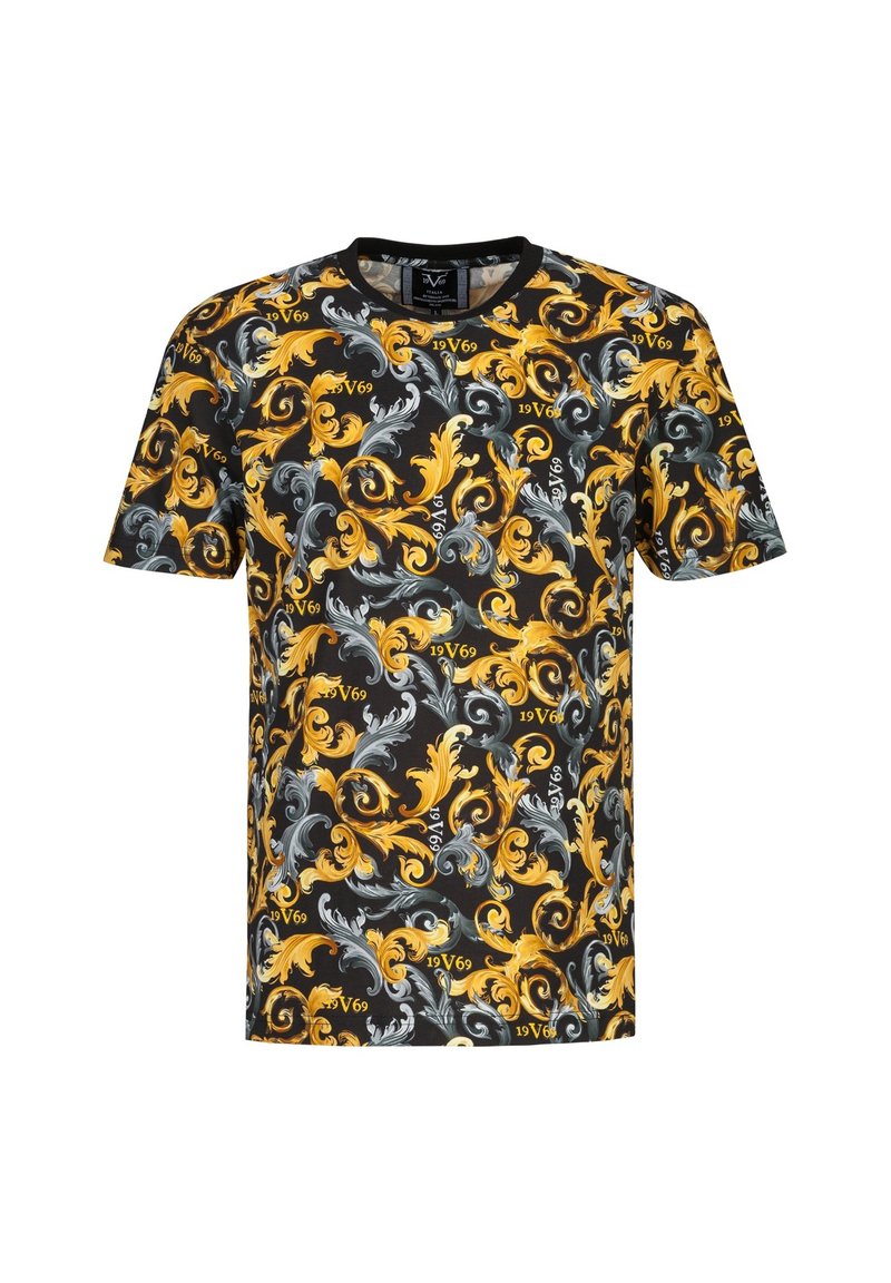 Kurzarm-T-Shirt mit schwarzem Hintergrund und komplexen gelben und grauen Blumenmustern; enthält den Text "1969" und hat ein Rundhalsausschnittdesign.