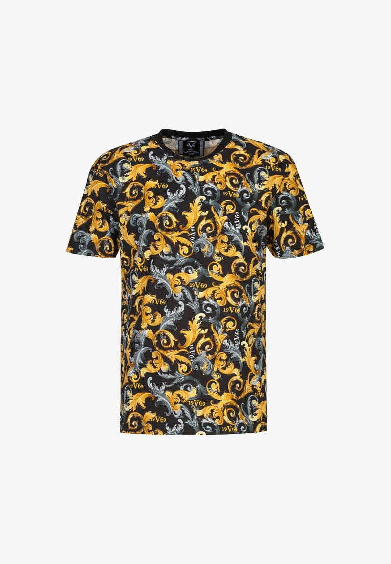 Kurzarm-T-Shirt mit schwarzem Hintergrund und komplexen gelben und grauen Blumenmustern; enthält den Text "1969" und hat ein Rundhalsausschnittdesign.