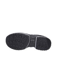 Suola di una scarpa sportiva nera con battistrada in gomma texturizzata, caratterizzata da scanalature profonde e modelli circolari per trazione e durabilità.