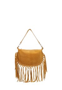 Suède handtas in mosterdgeel met een ronde vorm, franjes aan de onderkant en een enkele schouderband.