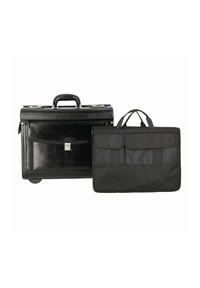 Black leather briefcase with rolling wheels and a top handle, alongside a black fabric laptop bag with a flap and multiple exterior pockets.
