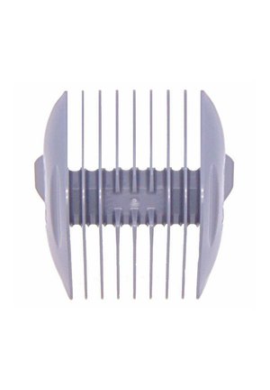 Graue Kunststoff-Haartrimmer-Abdeckung mit mehreren vertikalen Zähnen, abgerundeten Kanten und seitlichen Laschen zur Befestigung. Misst etwa 10 cm in der Breite.