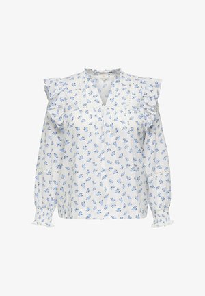 Bluză albă cu mâneci lungi, model floral albastru, umeri cu volane, manșete cu tiv elastic și decolteu în V cu dantelă delicată.