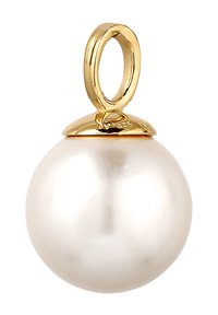 Pendentif en or avec une perle blanche ronde et brillante à la texture lisse. Le dessus comporte un cache en or et une boucle arrondie pour fixation.