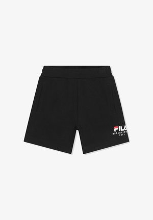 Zwarte sportshorts met elastische tailleband, zijzakken en een wit-rood FILA-logo met "ESTABLISHED 1911" op het linkerbeen.