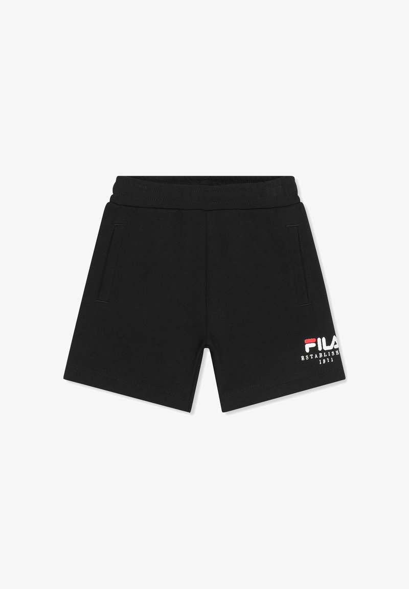 Shorts de sport noirs avec taille élastique, poches latérales et logo FILA blanc-rouge avec l'inscription "ESTABLISHED 1911" sur la jambe gauche.