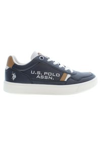 Sneaker blu navy con branding bianco, dotato di una tomaia in pelle, suola in gomma bianca e accenti marroni sul tallone e sul lato.
