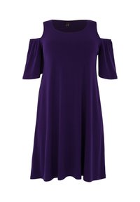 Lila Kleid mit kurzen, schulterfreien Ärmeln und einem abgerundeten Halsausschnitt. Hergestellt aus weichem, dehnbarem Stoff mit einem lockeren, fließenden A-Linien-Design.