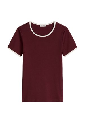 Short-sleeve burgundy T-shirt with white trim on neckline and sleeve edges, displayed flat against a white background.