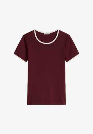 Short-sleeve burgundy T-shirt with white trim on neckline and sleeve edges, displayed flat against a white background.