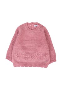 Pull en tricot rose avec un col rond, des poignets côtelés et un bas à volants. Présente des broderies florales le long de l'ourlet. Texture douce.
