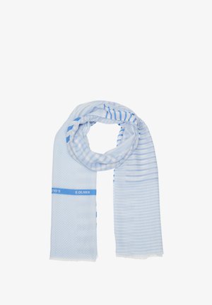 Hellblauer Schal mit horizontalen und vertikalen Streifen in unterschiedlichen Breiten. Hergestellt aus weichem, leichtem Stoff und einem schlichten Logo-Element.