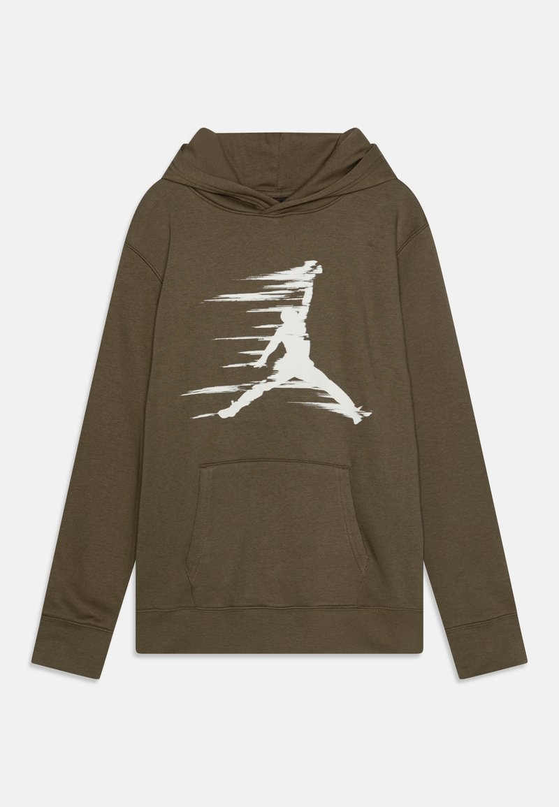 Sweat à capuche vert olive avec poche kangourou à l'avant et une silhouette blanche floue d'une personne sautant sur la poitrine.