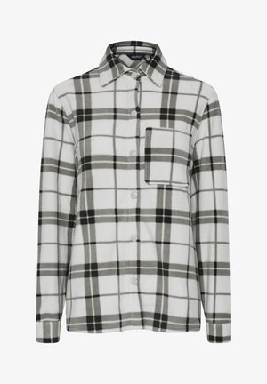 Valge, halli ja musta ruudulise mustriga flanellist nööbiga särk. Omab kraed, esitaskut ja nööpide kinnitust. Pehme tekstuur.