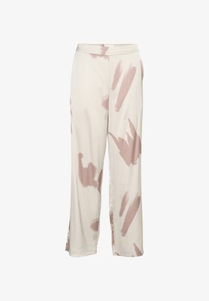 Laiad jalad heledast beežist kangast, millel on abstraktne roosa pintslitõmme, sile tekstuur ja külglibised allääres.