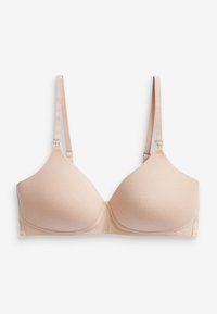 Hellbeige gepolsterter BH mit verstellbaren Trägern, glattem Stoff und klassischem Design mit vorgeformten Cups und Seitensupport.