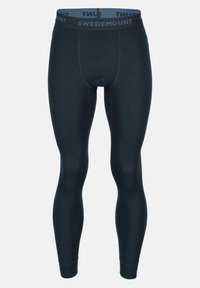 Leggings termici blu navy con una texture a coste e una vita flessibile che presenta il logo "SWEDEMOUNT" con lettering a contrasto.