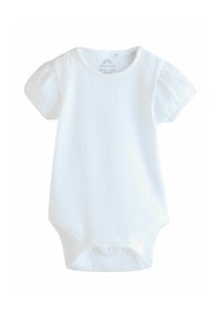 Vit kortärmad babydress med ett strukturerat mönster, rund halsringning och tryckknappar i botten för enkel påklädning.