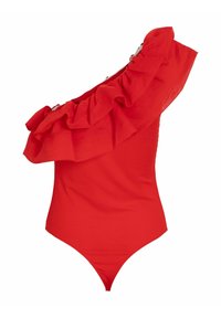 Body rouge asymétrique avec un grand volant le long de l'encolure et une texture ajustée et lisse.