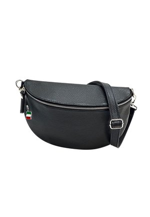 Sac à main en cuir noir avec une forme arrondie, fermeture éclair et bandoulière réglable. Présente un petit accent du drapeau italien. Surface texturée.