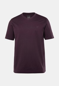 Camiseta de algodón de corte relajado con cuello en V y mangas cortas en un profundo burdeos, que presenta un sutil logo impreso en el pecho.