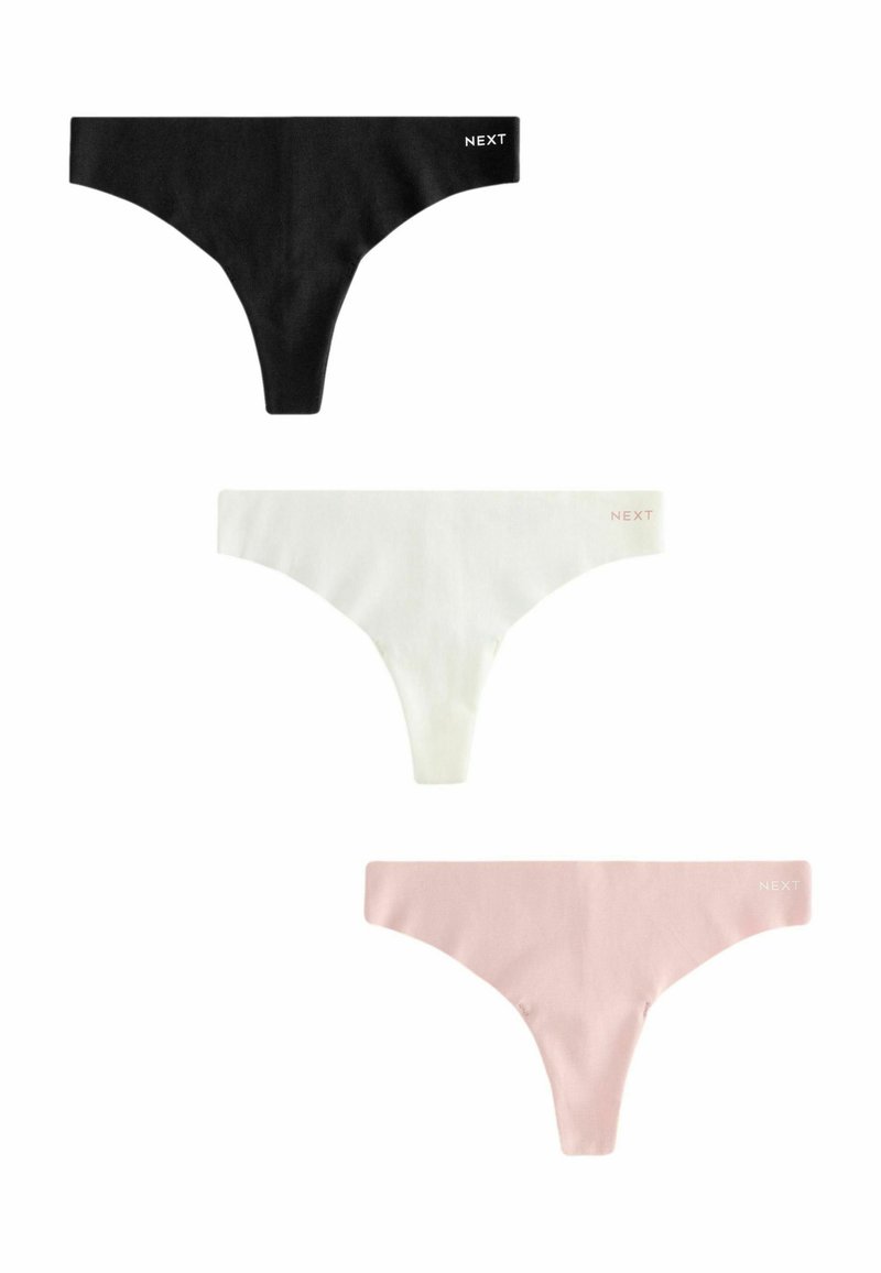 Drie stringtjes in een stapel: een zwarte, een witte en een roze, elk met het "NEXT"-logo op de tailleband.