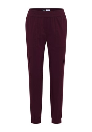Pantalon cargo unisexe bordeaux foncé avec taille et poignets élastiques, doté de plusieurs poches latérales et avant pour le rangement.